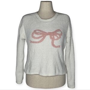 Happily Grey Cream Pink Bow Fuzzy Knit Sweater Size L